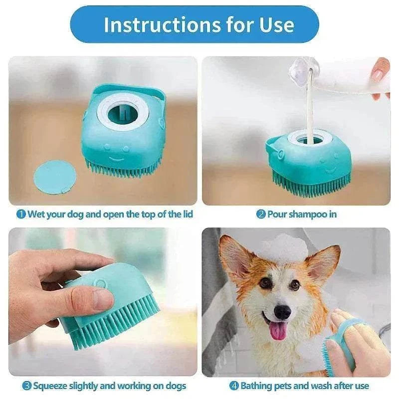 Brosse de massage en silicone bleu pour chien, bain doux et shampooing, poils démêlés et peau stimulée, usage facile et confortable.