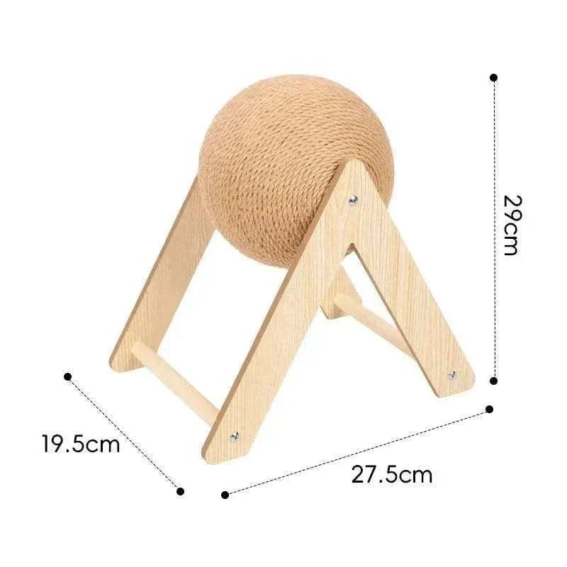 Balle interactive en corde naturelle pour chat avec griffoir et clochettes sur support en bois, dimensions 29x27,5x19,5 cm