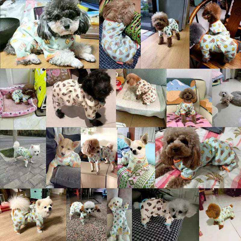 Chiens et chats portant pyjamas colorés en coton doux avec motifs adorables pour confort et style.