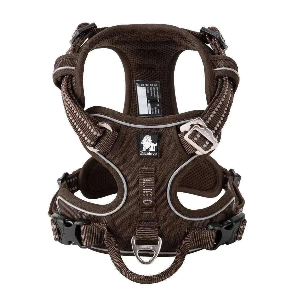 harnais anti-traction pour chien en nylon réfléchissant marron ajustable avec poignée de contrôle et boucles en aluminium