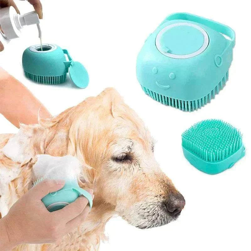 brosse massage chien en silicone bleu turquoise avec distributeur de shampooing mousse douce pour toilettage pelage sensible