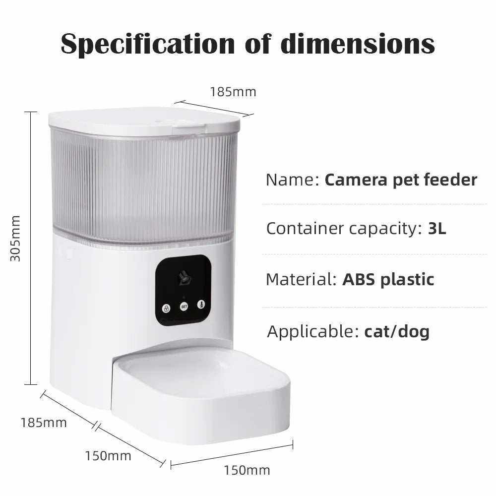 Distributeur automatique de nourriture 3L avec caméra intégrée, WIFI et commandes vocales pour chats et chiens, en plastique ABS robuste.