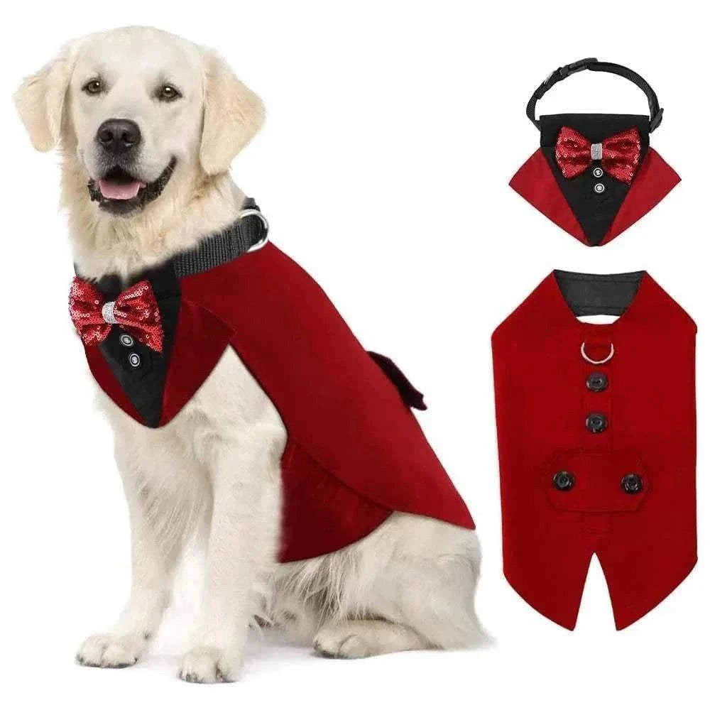 Tuxedo rouge élégant pour grands chiens avec nœud papillon détachable, costume confortable pour mariage et occasions spéciales