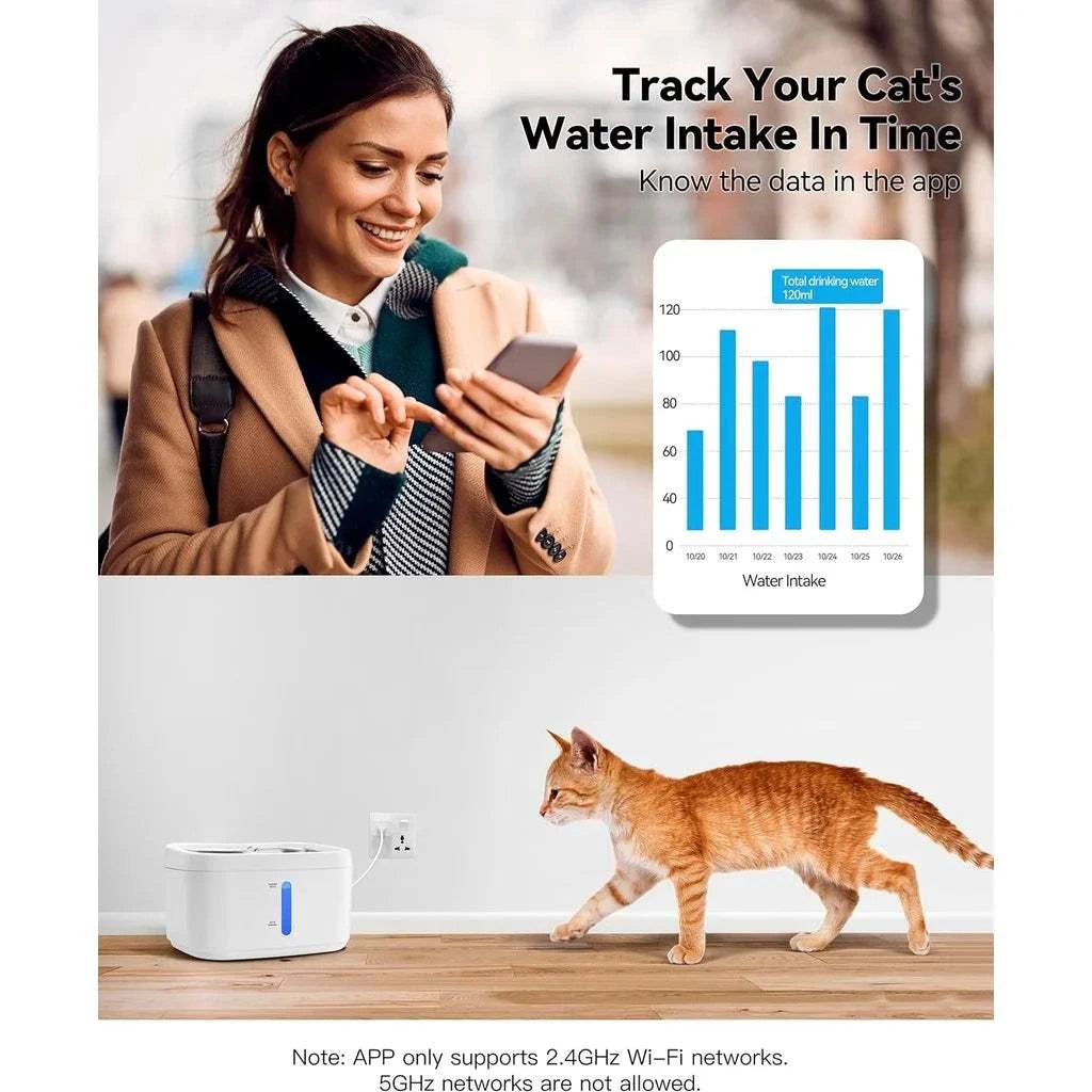 Fontaine à eau connectée design pour chats, intégrée dans un intérieur moderne avec animal de compagnie.