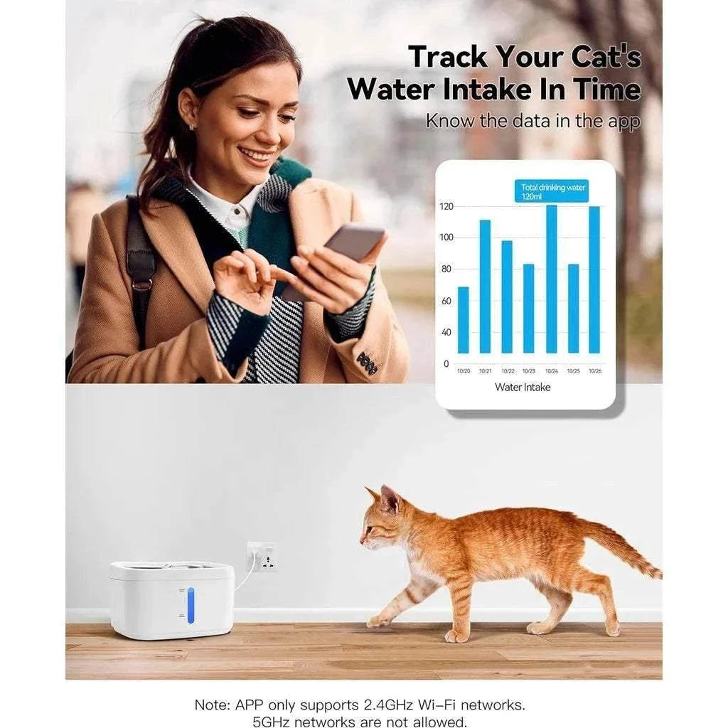 Fontaine à eau connectée design pour chats, intégrée dans un intérieur moderne avec animal de compagnie.