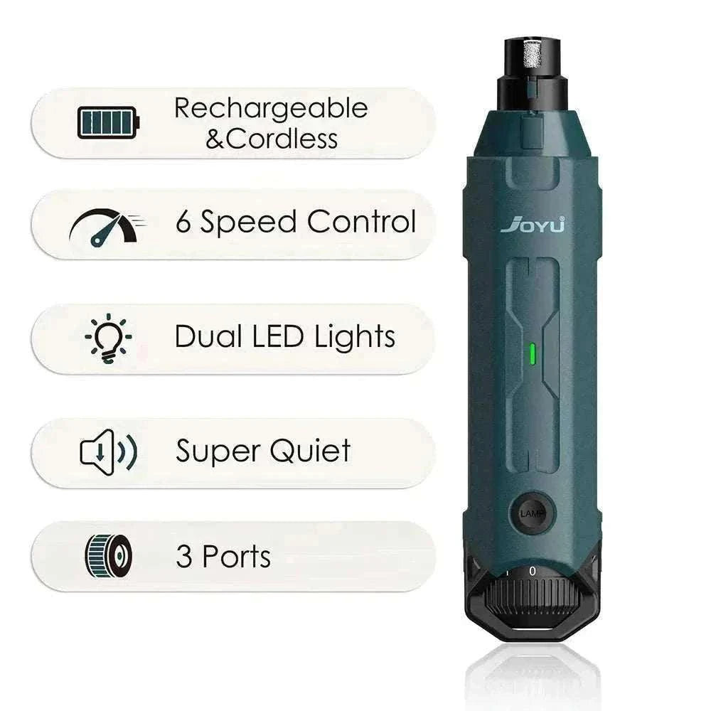 Lime à ongles électrique rechargeable pour chiens et chats, 6 vitesses, ultra silencieuse avec double éclairage LED pour toilettage précis.