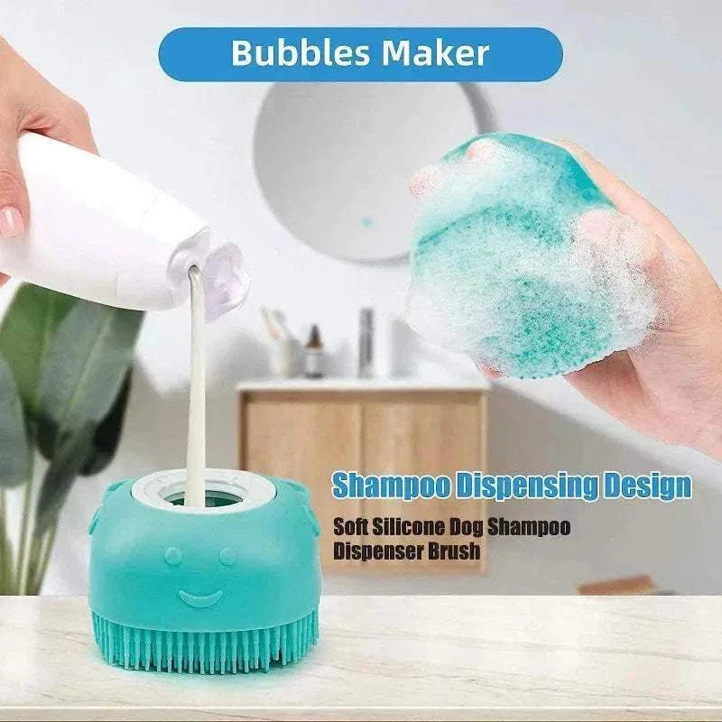 brosse massage chien en silicone bleu douceur bain relaxation pelage mousse shampooing dispenser ergonomique