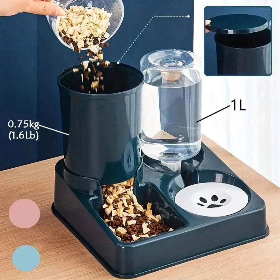 Automatic cat feeder with 2-in-1 design for food and water, featuring gravity-fed supply and inclined access.