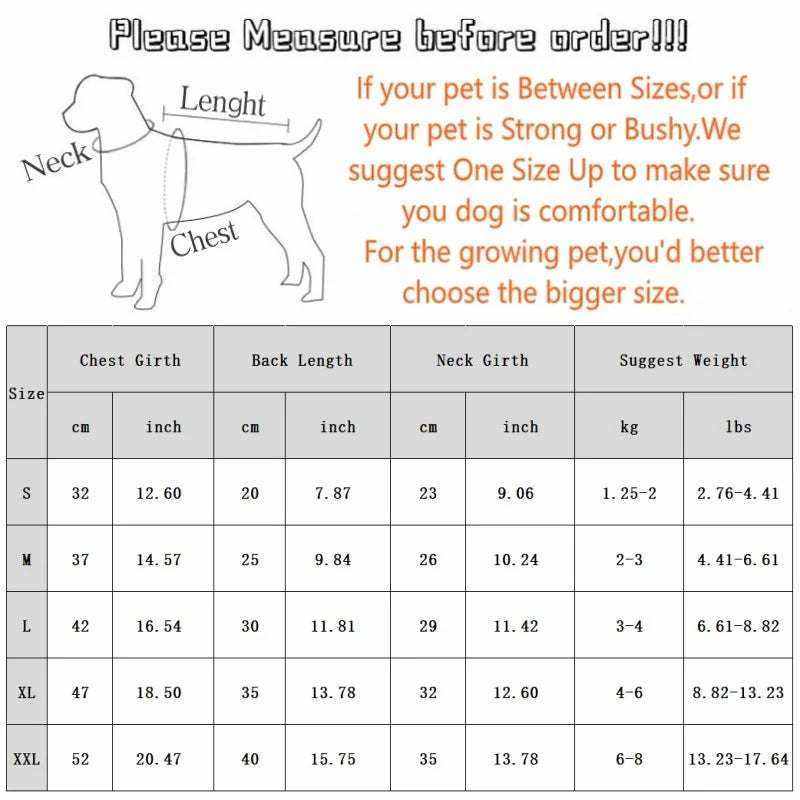 guide des tailles pyjama pour petits chiens et chats avec mesures poitrine, dos et cou en cm et pouces, poids suggéré pour un confort optimal