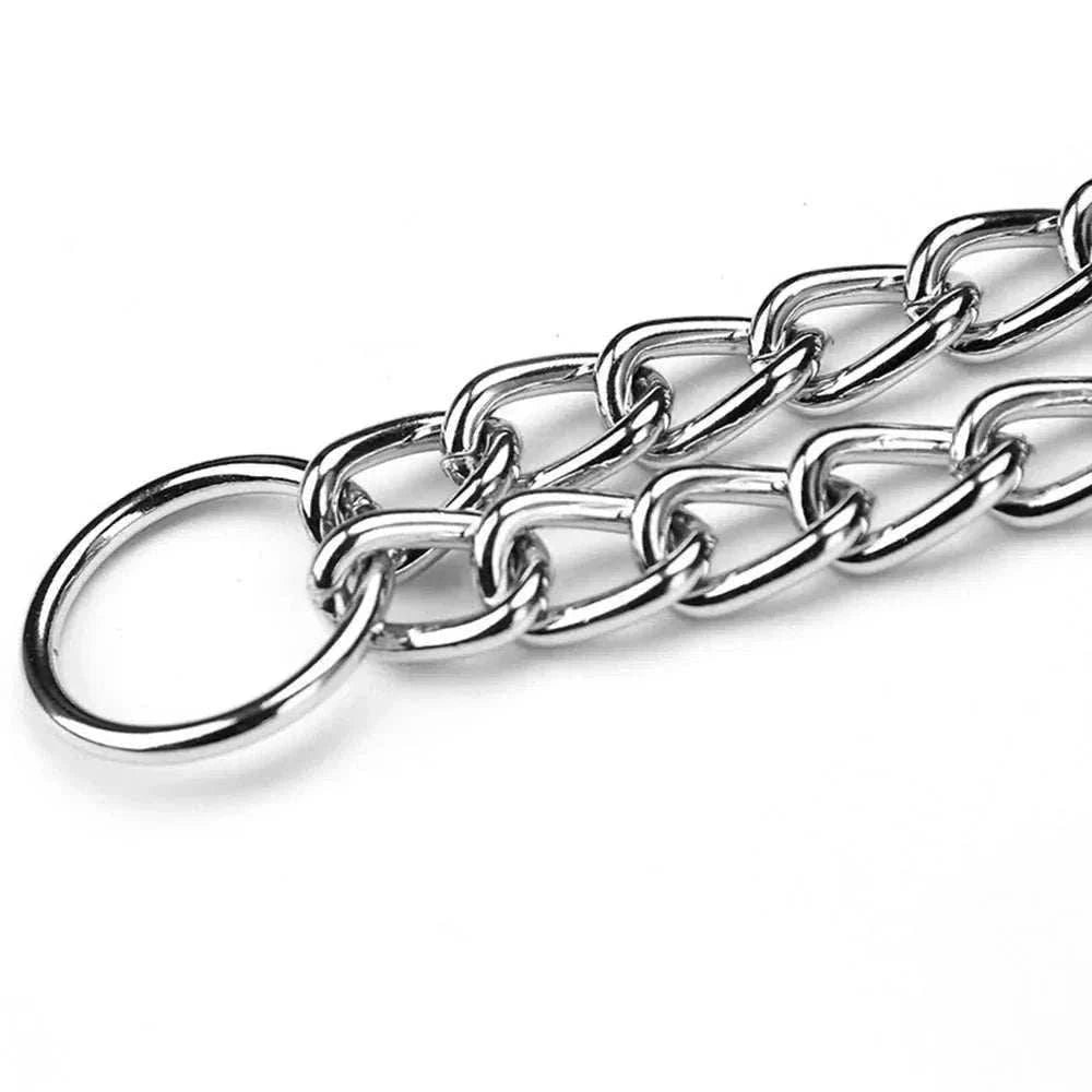 Collier métal anti-mastication triple rangée maillons cubains réglable en acier argenté pour chiens robustes et puissants