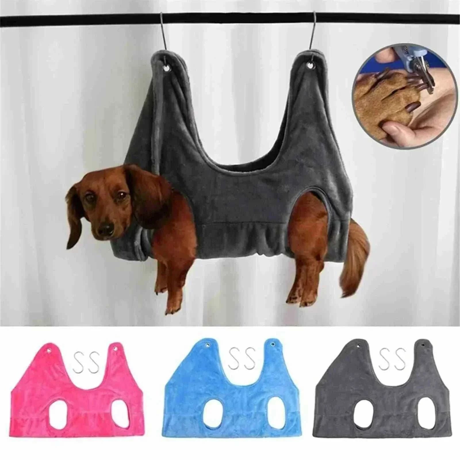 Hamac de toilettage pour chien et chat en nylon, disponible en bleu, rose-rouge, et gris.