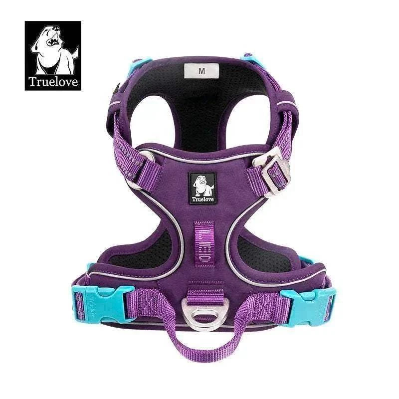harnais anti-traction pour chien violet réglable en nylon avec bandes réfléchissantes et poignée de contrôle