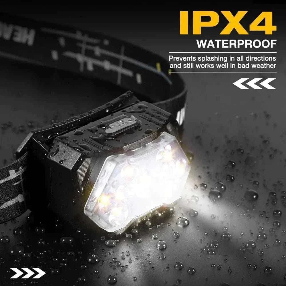 Lampe frontale LED 9 LEDs rechargeable USB avec capteur de mouvement et étanchéité IPX4 pour activités extérieures nocturnes