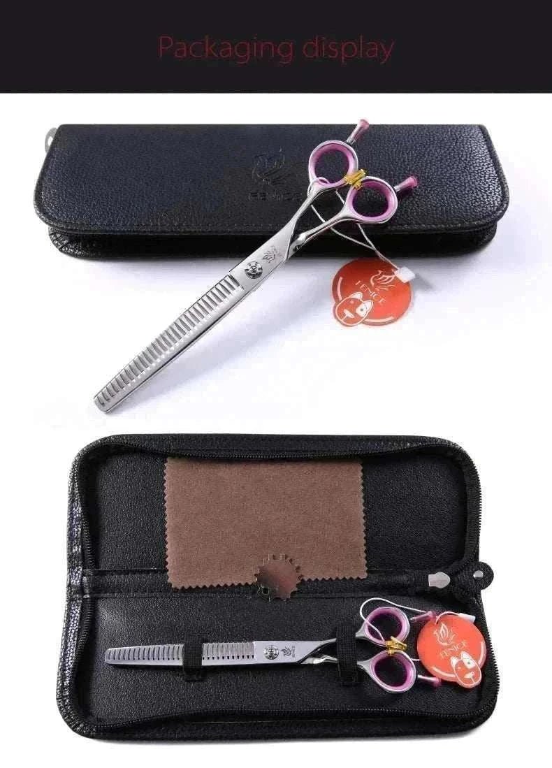 ciseaux de toilettage amincissement en acier JP 440C avec étui de rangement noir et poignées roses ergonomiques