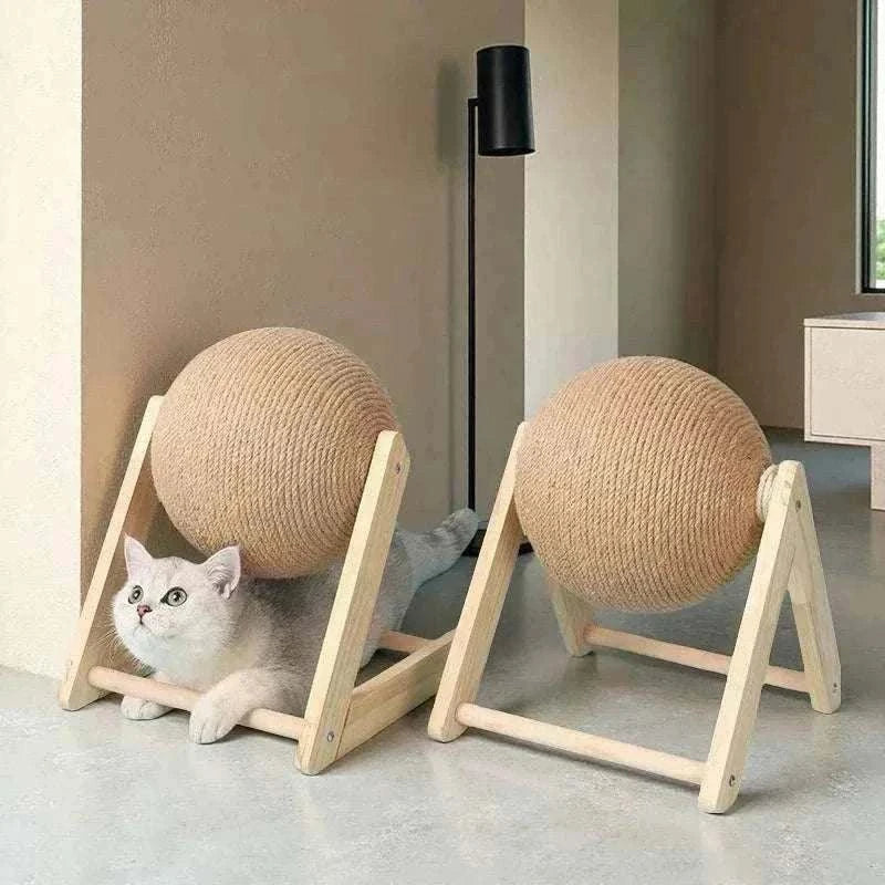 balle interactive pour chat en corde naturelle avec clochettes et support en bois pour griffer et jouer intérieurement
