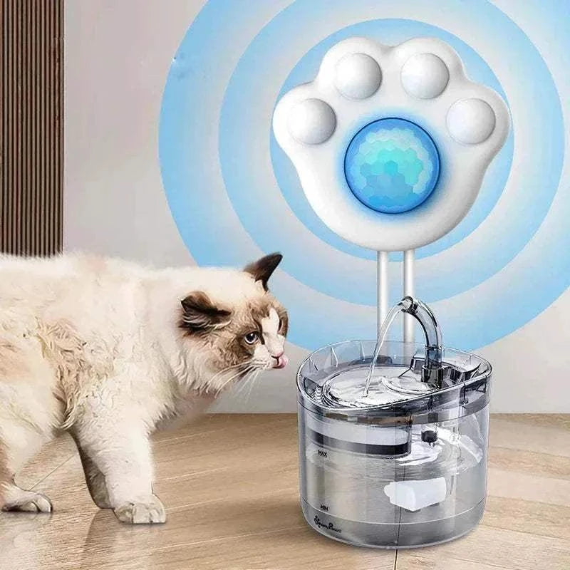 fontaine à eau automatique avec capteur intelligent pour animaux, pompe et filtres de rechange, accès à l'eau fraîche pour chat et chien, design compact avec détecteur de mouvement, couleur blanche avec lumière LED bleue, économie d'énergie et installation facile sur surfaces lisses