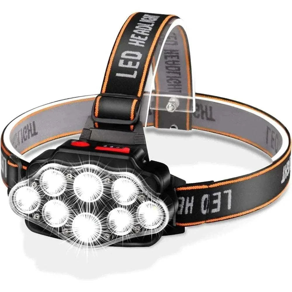 Rechargeable Lampe Frontale LED headlamp with 8 LEDs, adjustable strap, IPX4 waterproof for outdoor activities