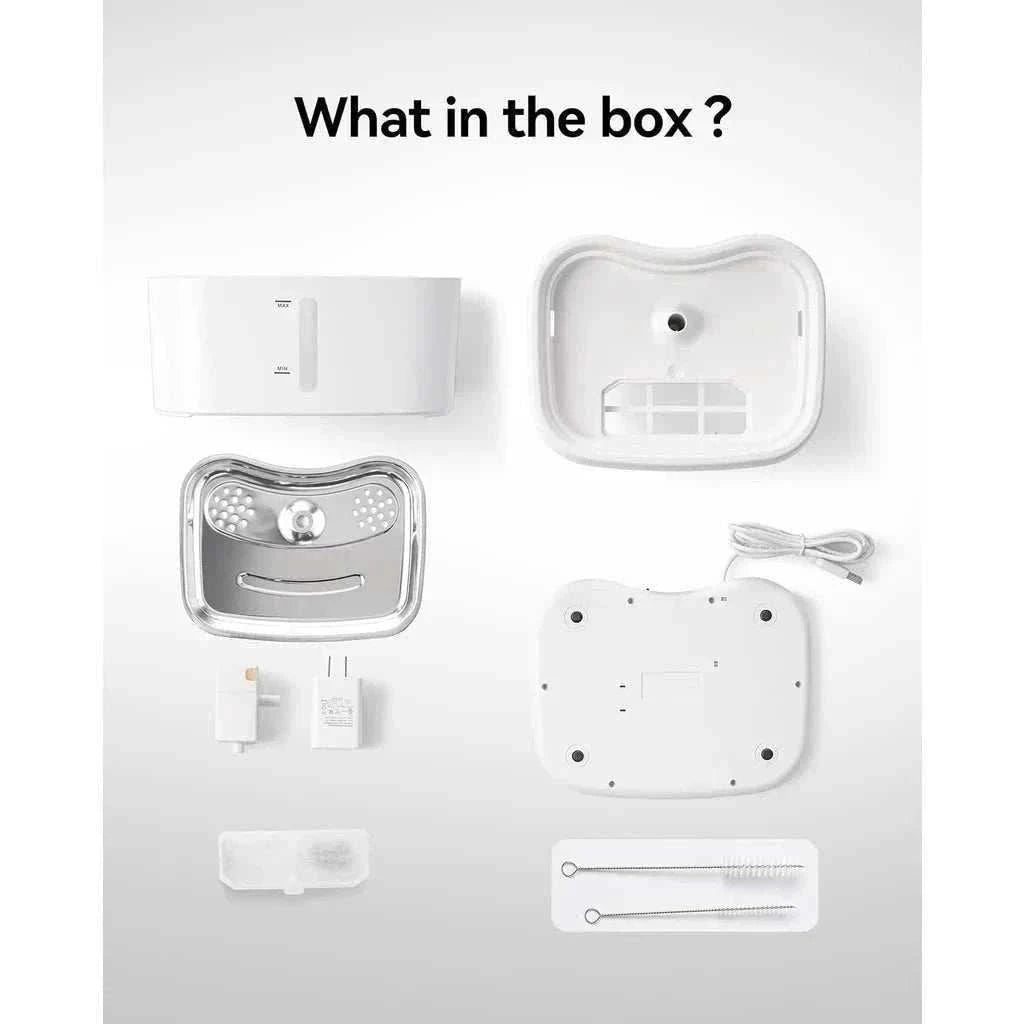 Fontaine à eau connectée démontable pour chats, nettoyage facile et remplacement rapide des filtres.