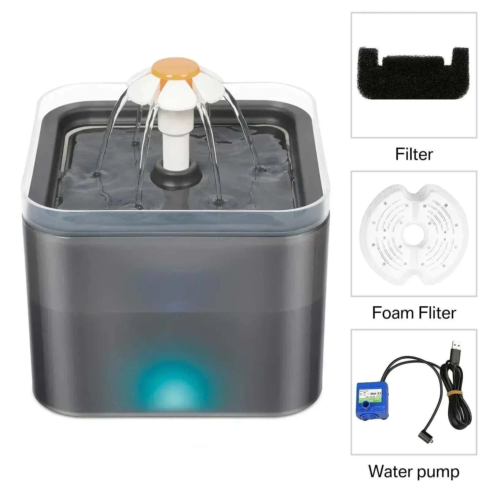 2L ultra-silent pet water fountain with LED, automatic distribution, filtration system, and USB interface for cats and small dogs.