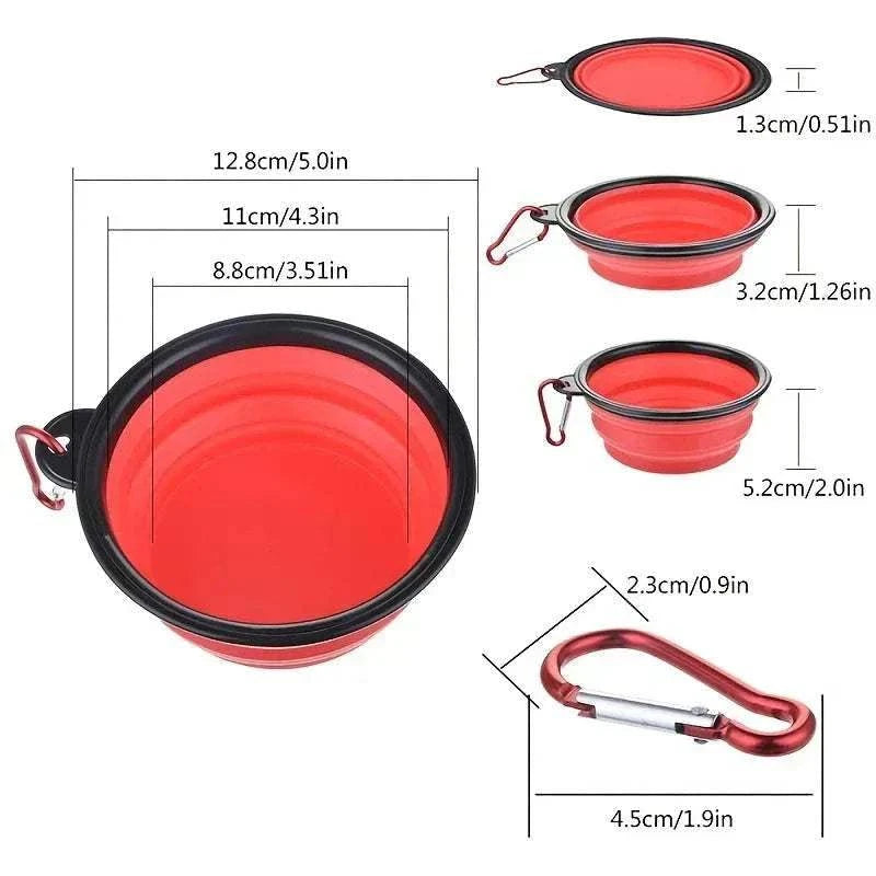 Bol pliable en silicone rouge pour chiens et chats avec mousqueton, compact et léger pour voyages et sorties.