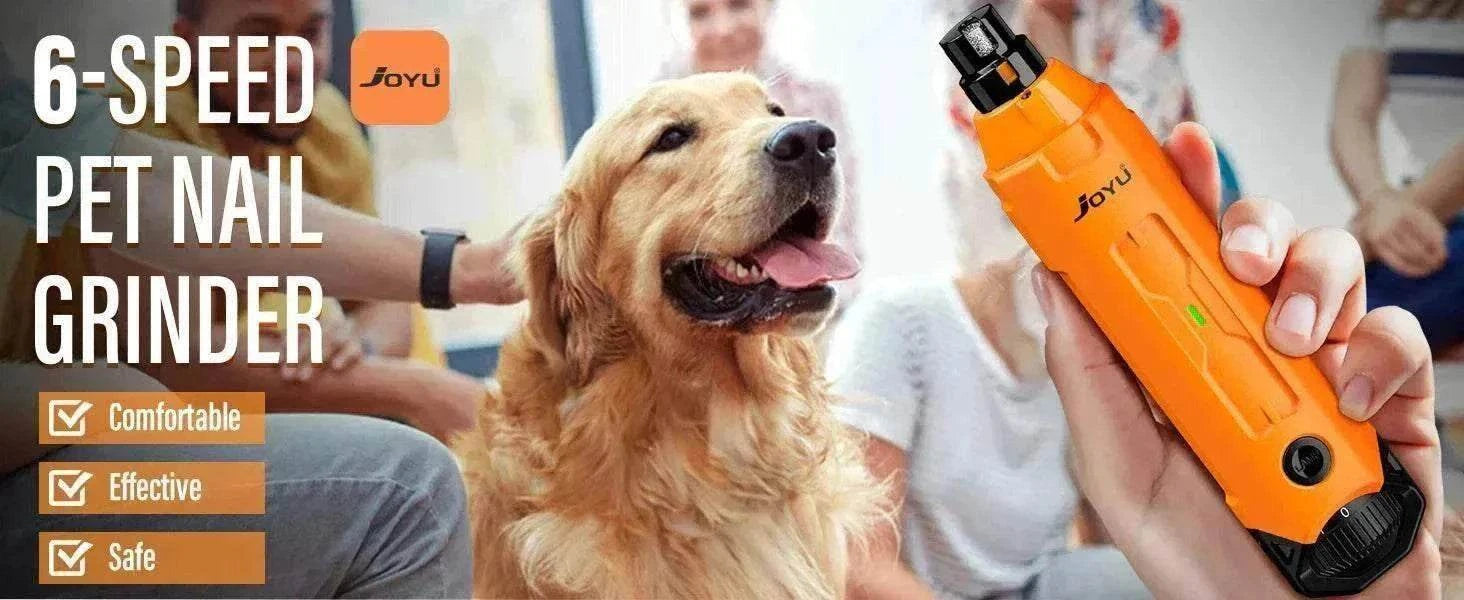 Lime à ongles électrique orange Joyu pour chiens, 6 vitesses, usage confortable et sécurisé, animal en arrière-plan.