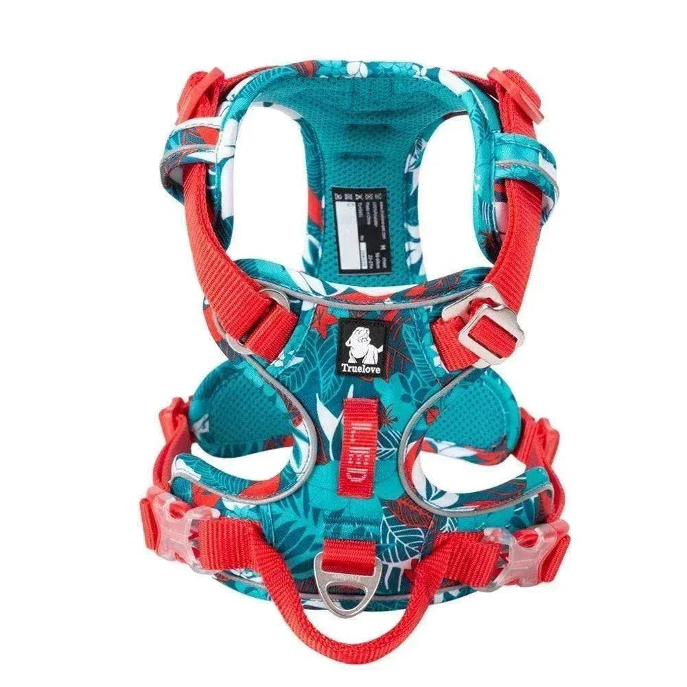 harnais anti-traction True Love pour chien en nylon réfléchissant bleu à motifs avec sangles rouges réglables et poignée de contrôle