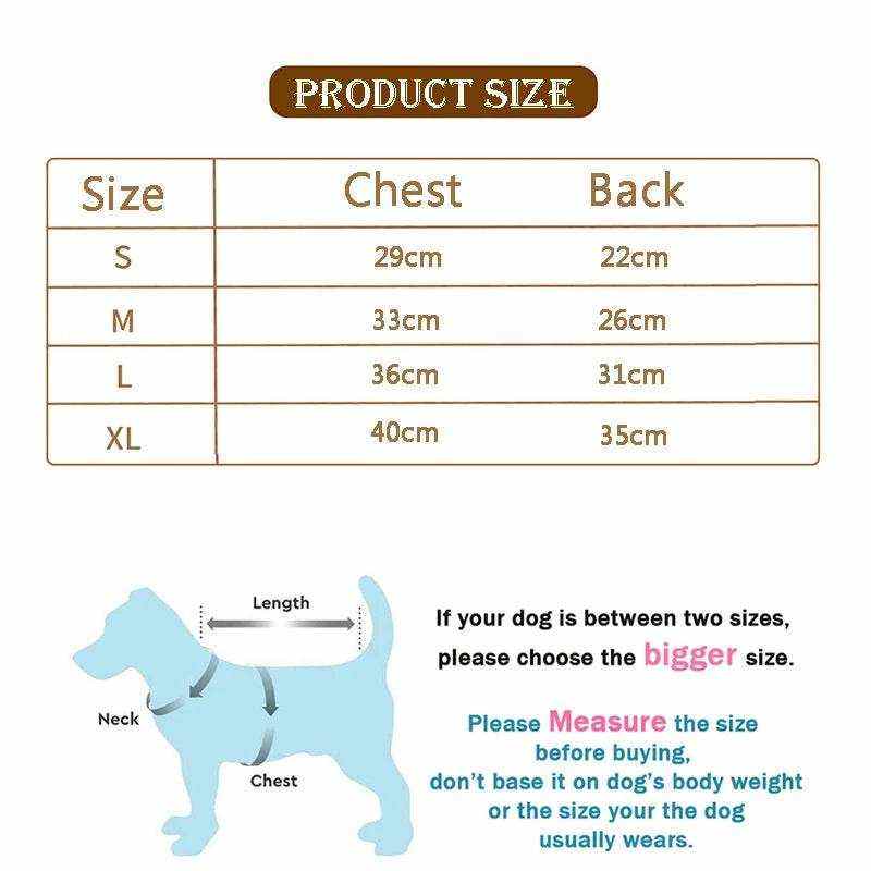 Tableau des tailles pour combinaison post-opératoire chats et petits chiens avec mesures poitrine et dos.