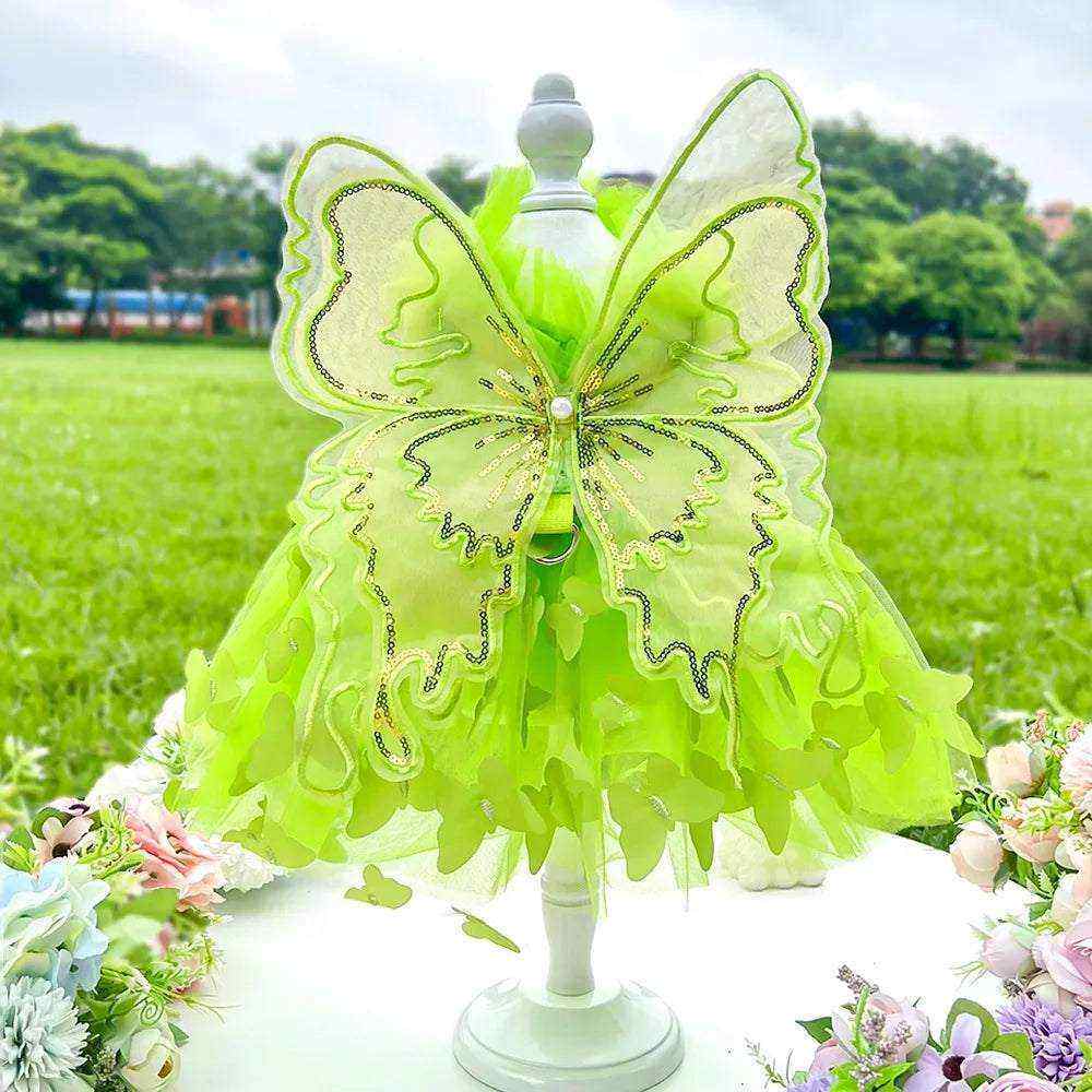 robe princesse printemps vert anis pour chiens et chats avec grandes ailes papillon en dentelle et tulle élégant pour occasions spéciales et confort royal