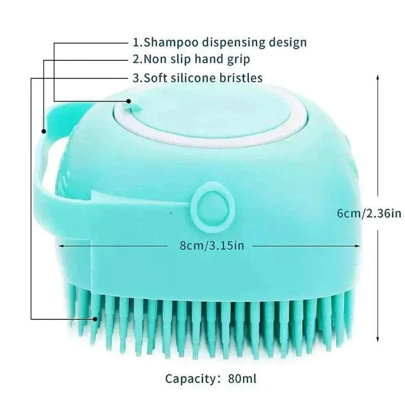 Brosse de massage en silicone bleu turquoise pour chien avec poils doux et poignée antidérapante pour bain et toilettage doux