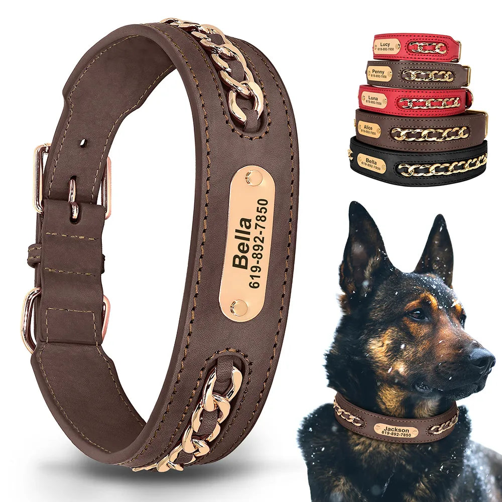 Personalized leather dog collar with engraved ID tag for all breeds.