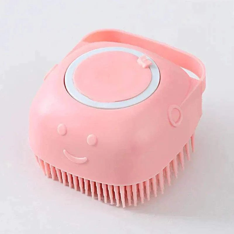 brosse massage chien en silicone rose pour bain doux et relaxation toilettage pelage sensible