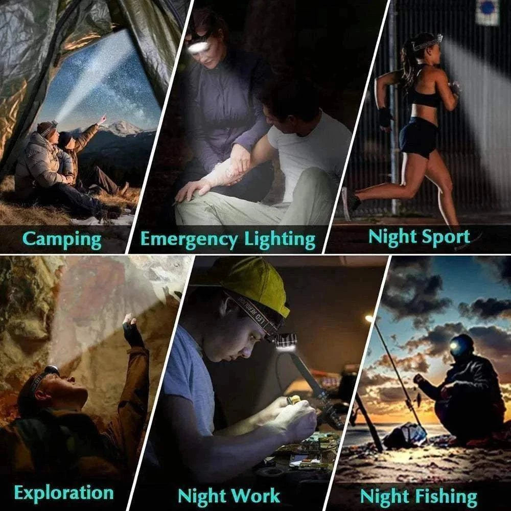 Lampe frontale LED 8 LEDs rechargeable USB, étanche IPX4, usage camping, sport de nuit, secours, exploration et pêche nocturne