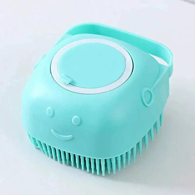 brosse massage chien en silicone bleu turquoise avec picots souples pour bain et toilettage doux