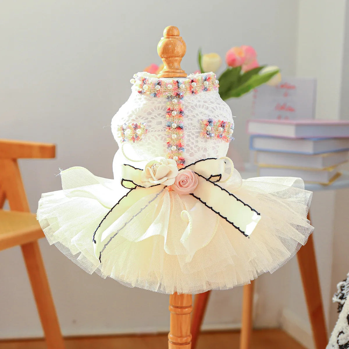 Luxury princess cosplay dress for small dogs and cats in white tulle with floral details.