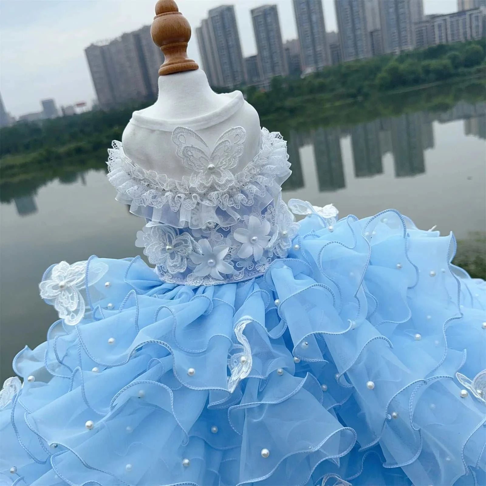 Robe de luxe pour chien | Fait main avec dentelle, perles & broderies florales