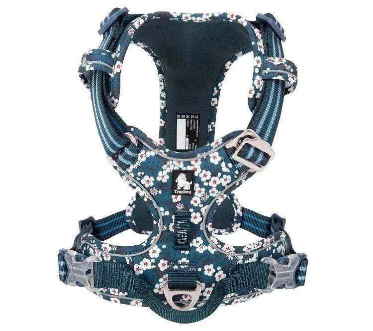 harnais anti-traction pour chien en nylon réfléchissant bleu à motifs floraux avec réglages et poignée de contrôle