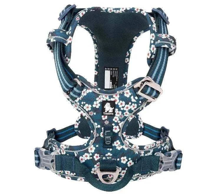harnais anti-traction pour chien en nylon réfléchissant bleu à motifs floraux avec réglages et poignée de contrôle