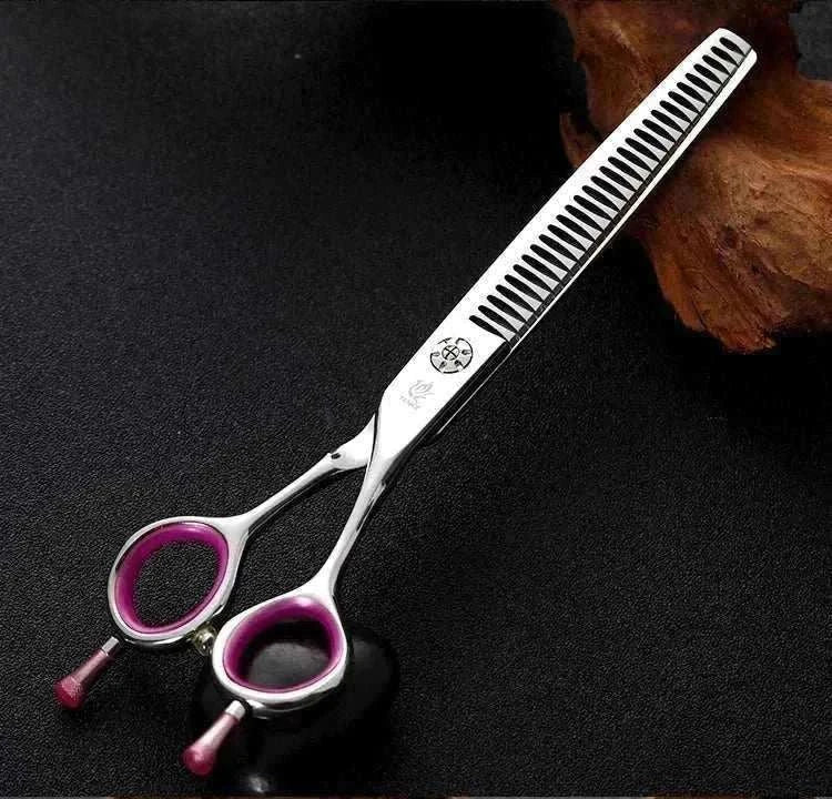 ciseaux de toilettage d'amincissement en acier japonais JP 440C avec prise ergonomique rose et noir pour pelage de chien et chat
