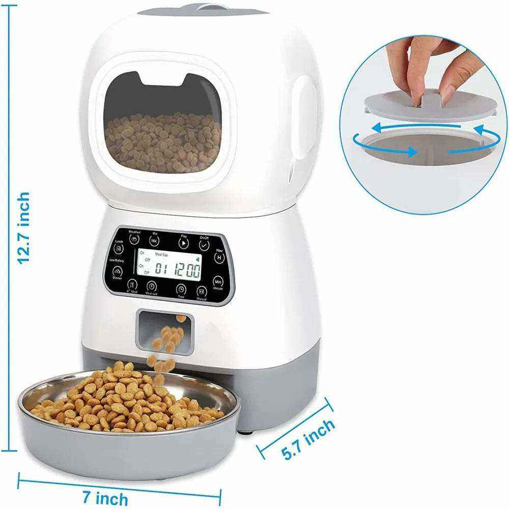 Distributeur automatique intelligent ZYfeeder pour chiens avec contrôle portions, application mobile et plateau inox détachable.
