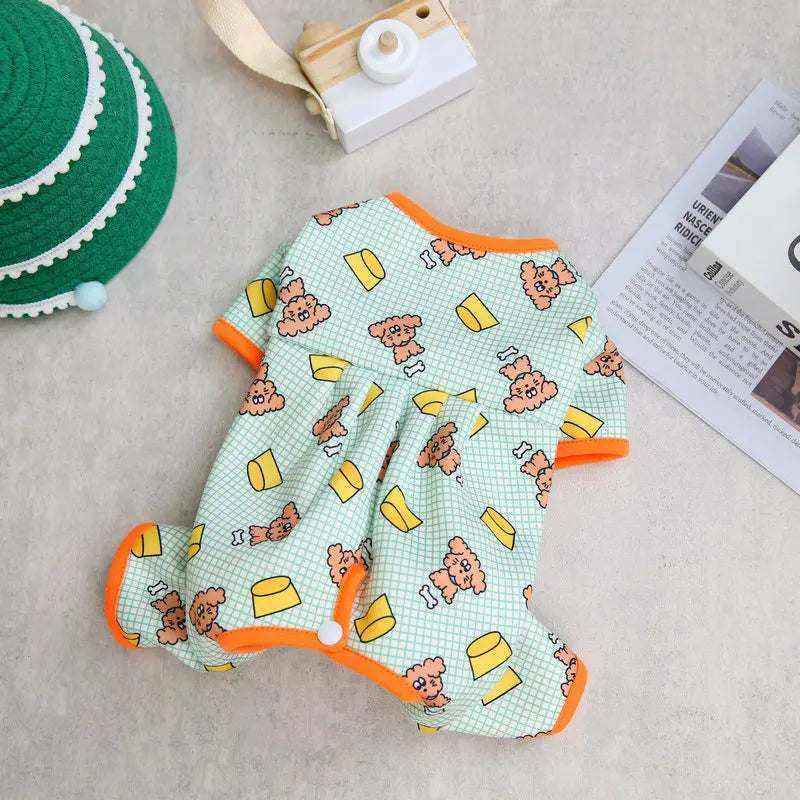 pyjama chien chat motif os et fromage coton doux confortable couleur verte et orange