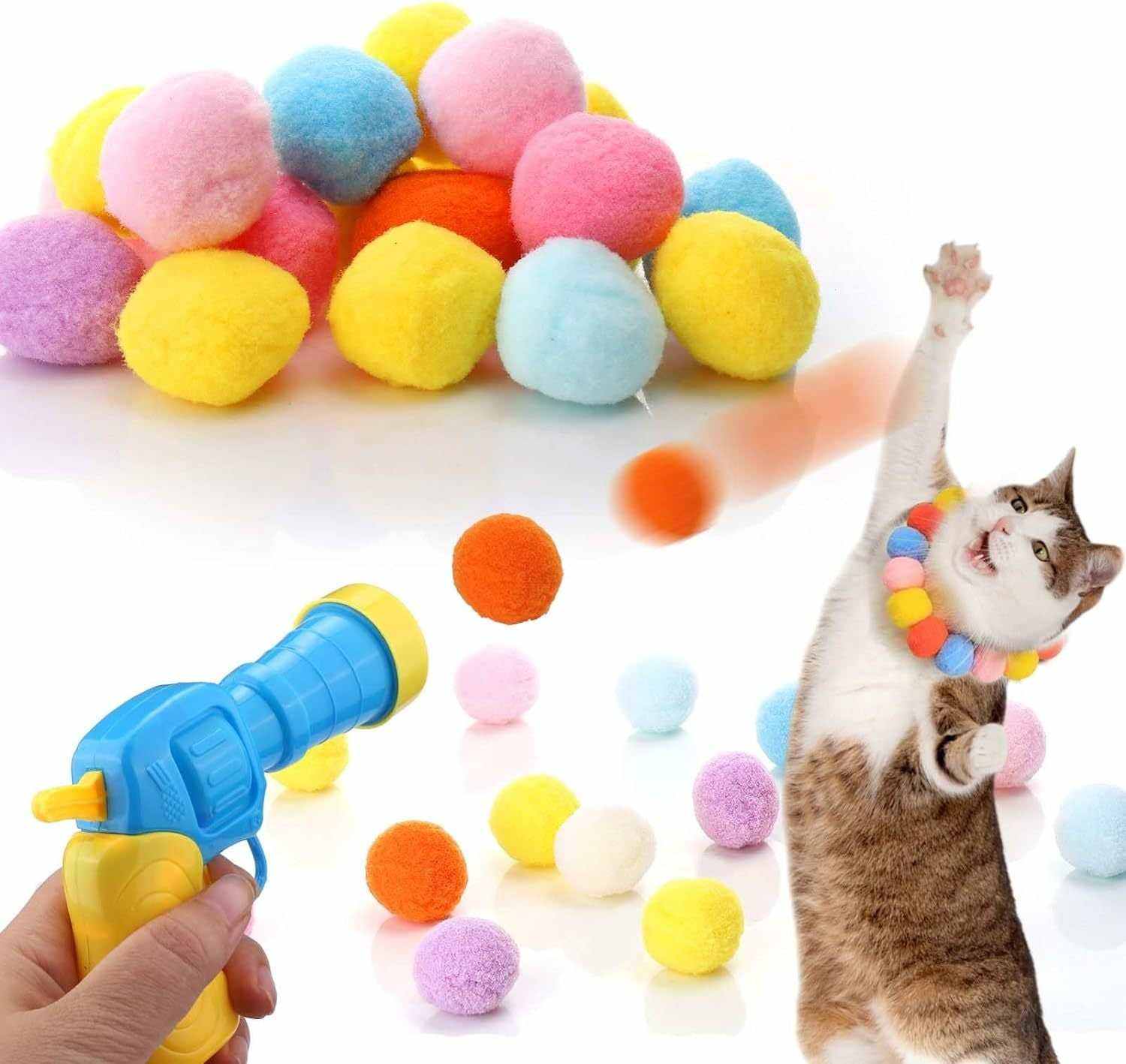 Interactive cat ball launcher with colorful pom-poms, promoting agility and reducing stress.