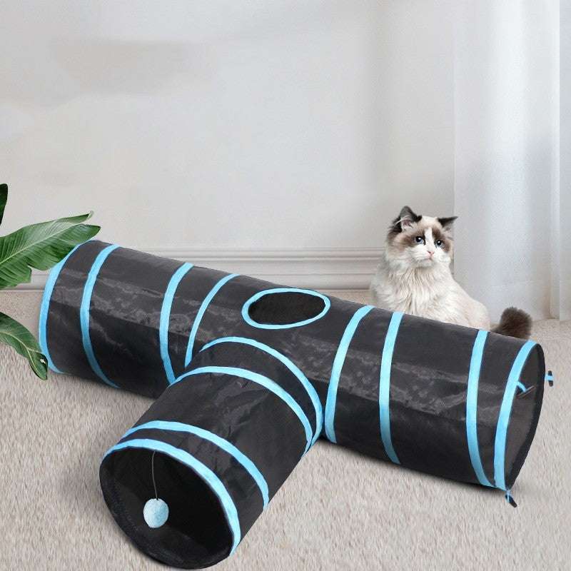 Cat playing in a black polyester tunnel with blue stripes, designed for companionship and reducing boredom.
