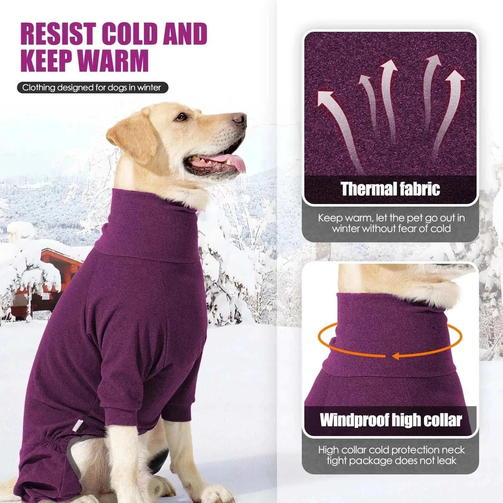 Warm fleece jumpsuit for large dogs | Winter windproof high-neck
