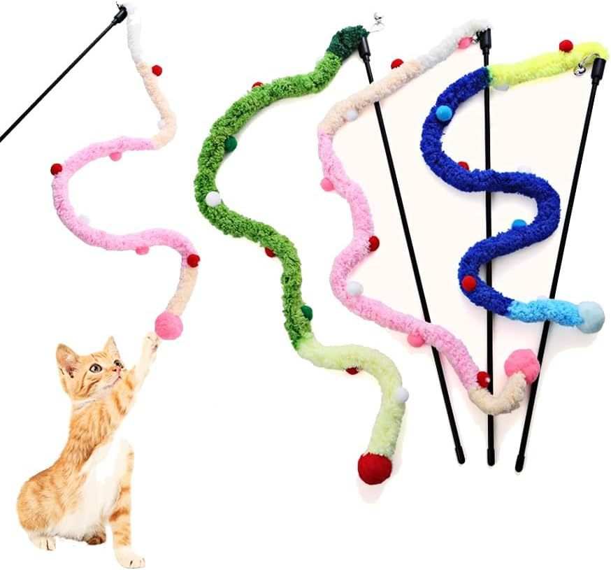Jouets interactifs pour chats avec baguettes à bandes pelucheuses colorées et clochettes.