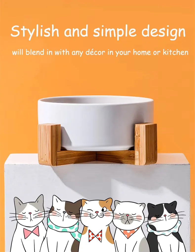 Comederos de cerámica premium para perros y gatos - Soporte de madera antideslizante