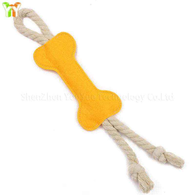 Jouet os en feutre jaune pour chien avec corde, jouet à mâcher durable pour soin dentaire et entraînement.