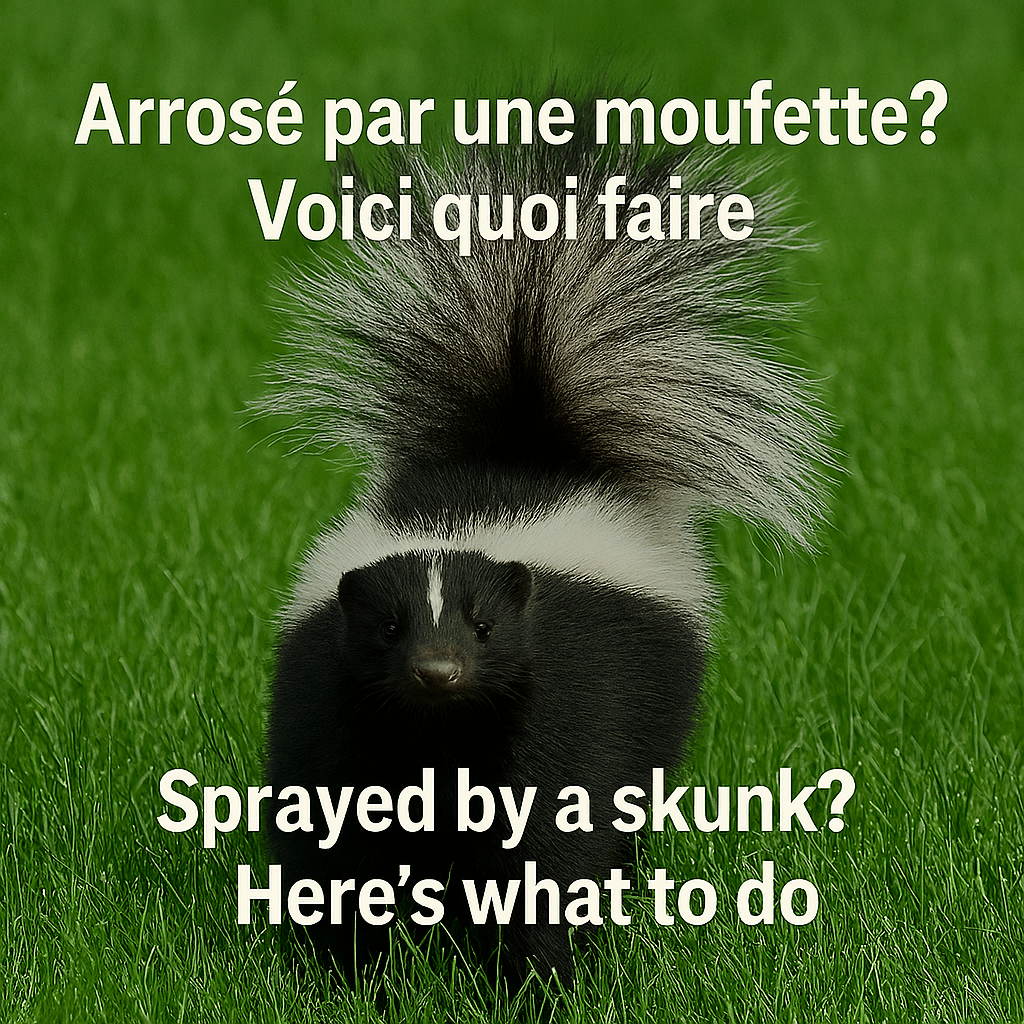 Une moufette marchant dans l'herbe l'été.