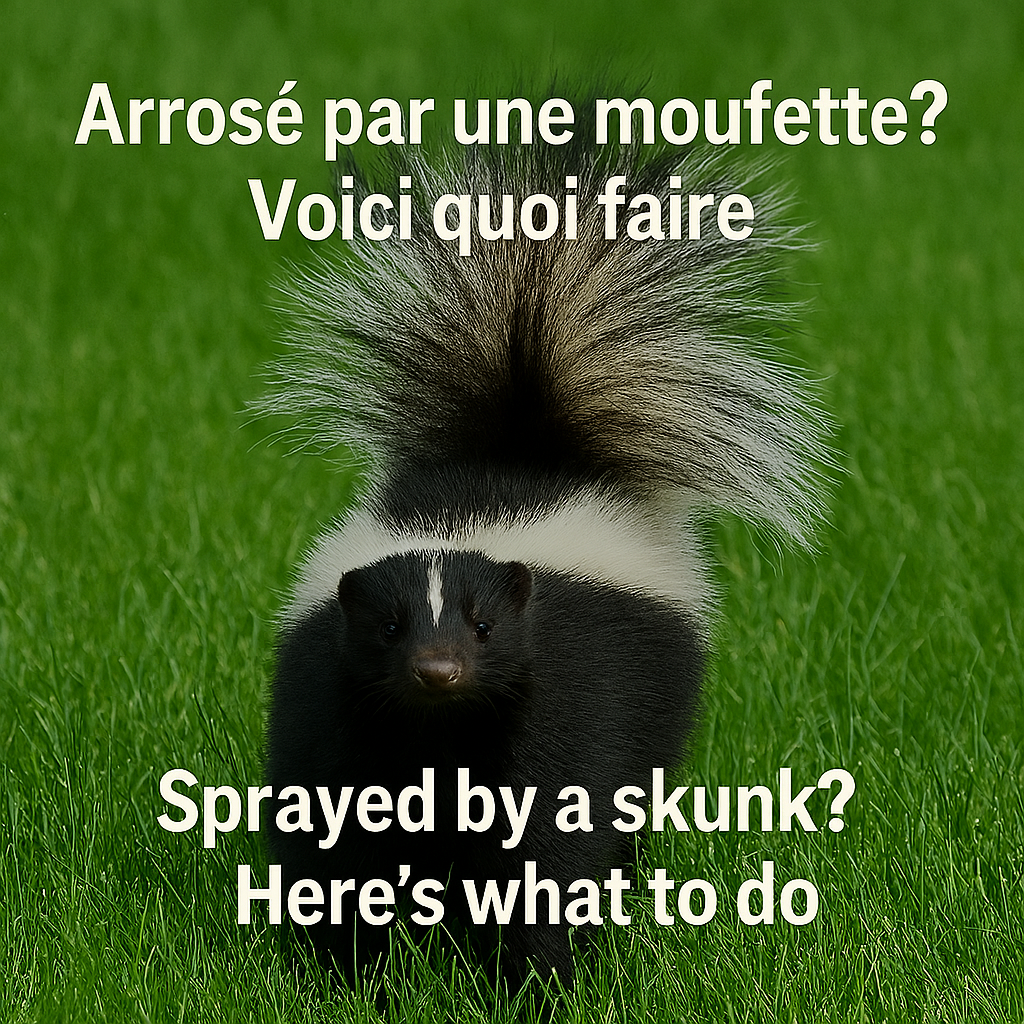 Une moufette marchant dans l'herbe l'été.