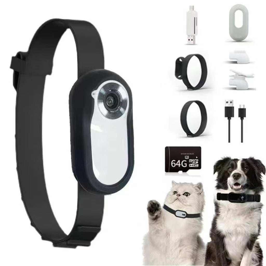 Mini caméra HD magnétique pour surveillance animale avec accessoires, micro SD 64GB, collier pour chien et chat.