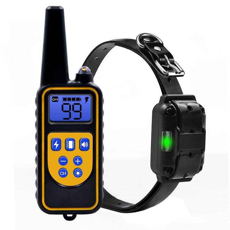 Collier de dressage électrique noir et jaune avec télécommande sans fil et écran LCD bleu, 4 modes dressage.